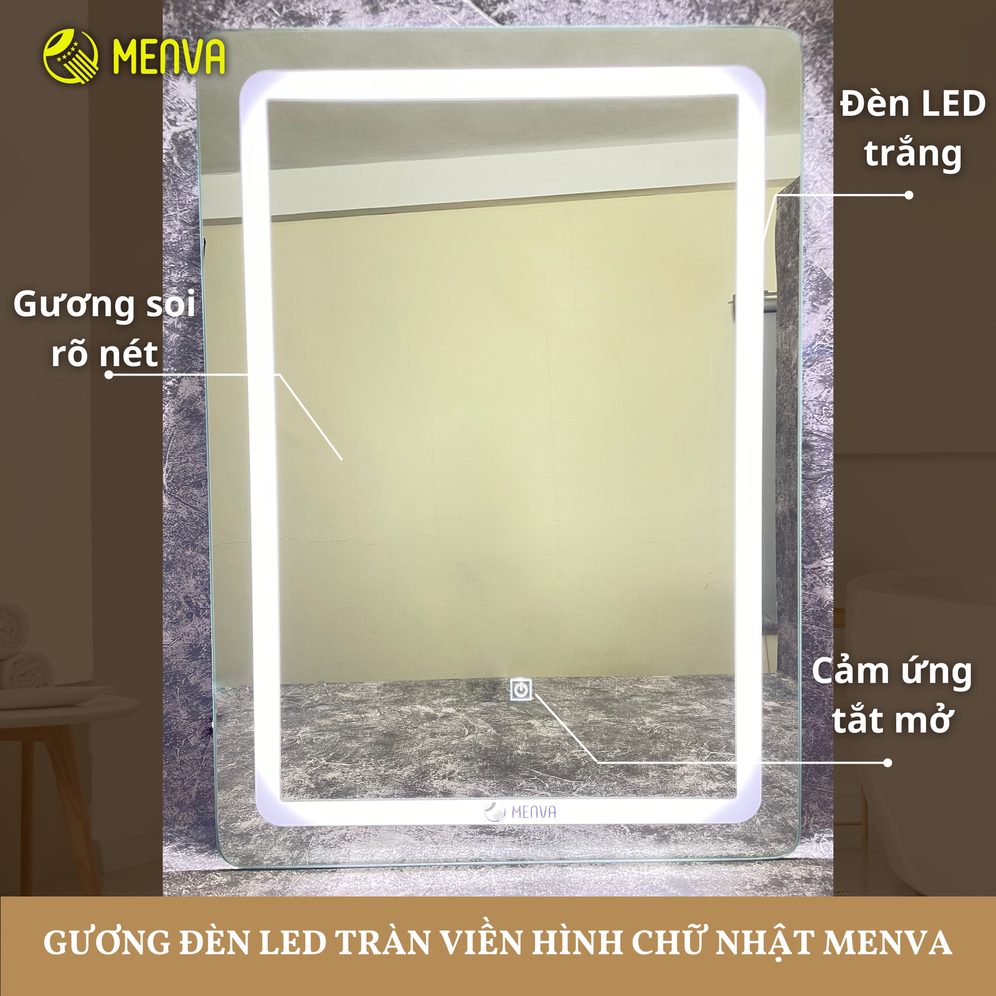 Gương đèn led tràn viền hình chữ nhật Menva